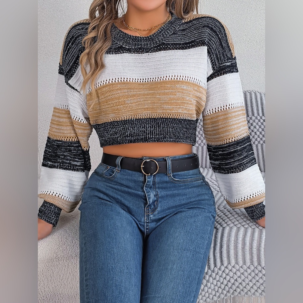 Cropped Striped Color Block Drop Shoulder Sweater